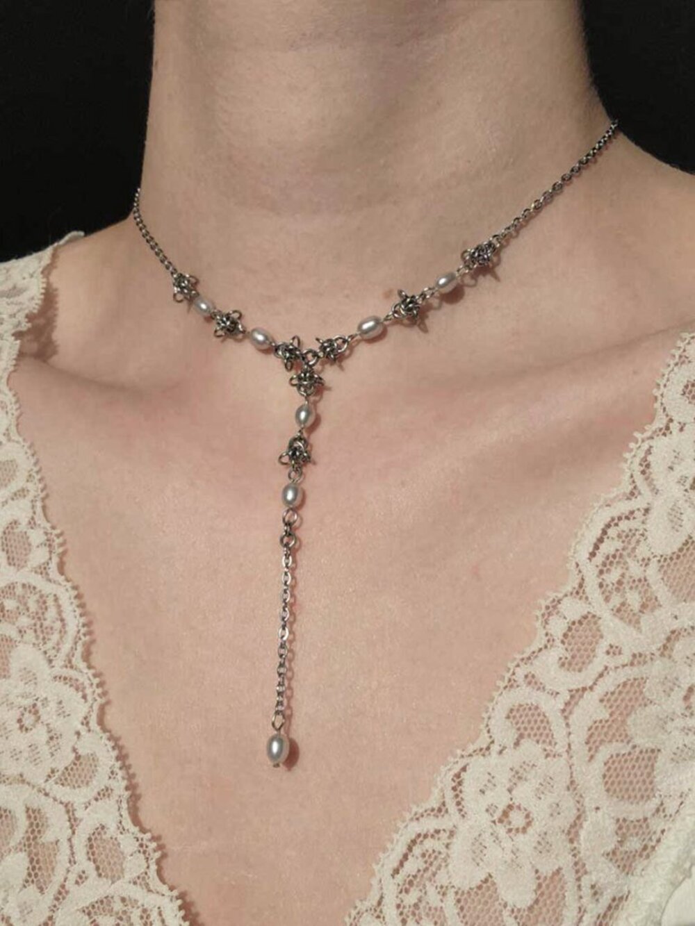 Gothic silver rosary necklace with white pearls